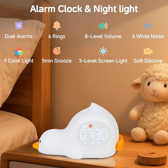 Alarm Clock for Kids with Night Light, Sleep Training Clock Time to Wake Clock, Rechargeable Silicone Light for Bedroom, Perfect Sleep Companion for Boys Girls, Laying Duck