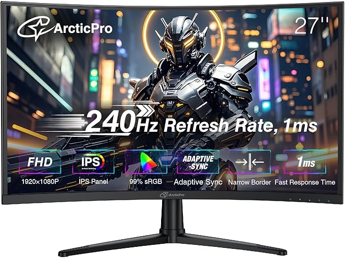 27inch 240Hz, Curved Gaming Monitor, FHD 1080p, VA Panel, 1ms Response Time Computer Monitor, Adaptive sync, 3-Sided Frameless, Ultra Slim, 99% sRGB, Bluelight Filter, HDMI & DP Ports,Black