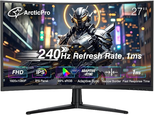 27inch 240Hz, Curved Gaming Monitor, FHD 1080p, VA Panel, 1ms Response Time Computer Monitor, Adaptive sync, 3-Sided Frameless, Ultra Slim, 99% sRGB, Bluelight Filter, HDMI & DP Ports,Black