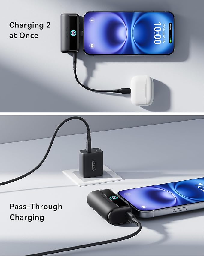 INIU Small Portable Charger, 5500mAh Power Bank with Build-in USB-C Connector, 22.5W PD Fast Charging Battery Pack, Flight Cruise Ship Travel Essentials Phone Charger for iPhone 16 15 Samsung, White