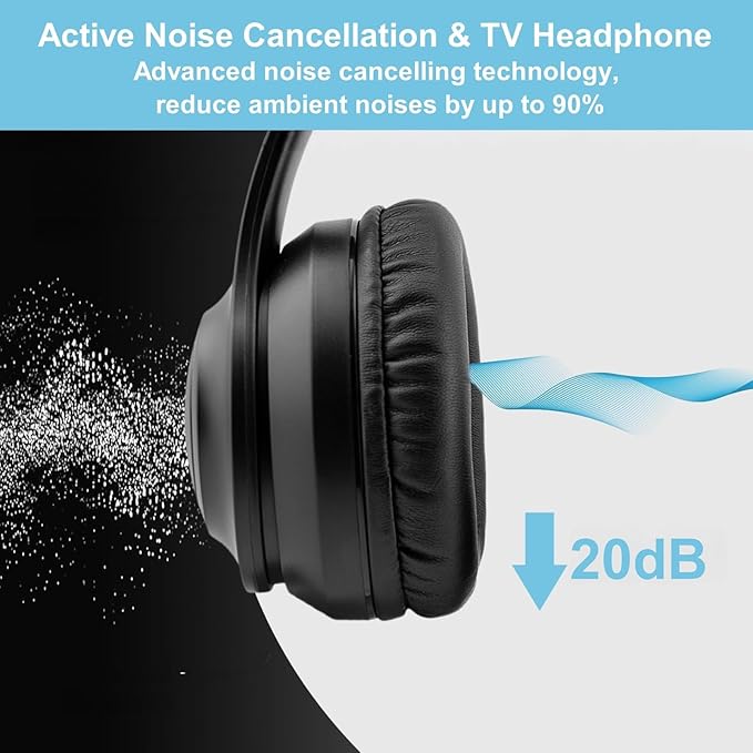 ANC Wireless Headphones for TV, Foldable Headphones for Traveling, Headset with Bluetooth Transmitter, Optical (Toslink), Coaxial, RCA, 3.5mm AUX and USB Audio Output, TV Headset Wireless for Seniors
