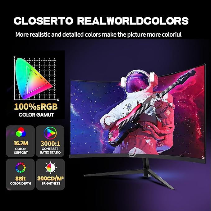 ZZA 24 Inch Gaming Monitor,200HZ|144HZ Computer Monitors,CP Screen FHD 1080P,Curved Monitor 99% sRGB,FreeSync,AMD FreeSync,Blue Light Filter,Gaming & Office,Wall Mountable