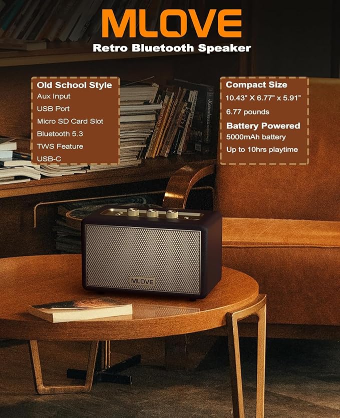 MLOVE A200 Portable Retro Bluetooth Speaker with Aux Input, USB Port, Micro SD Card Slot - Decorative Wireless Bookshelf Speakers Battery Powered, House Warming Gifts for New Home, Black and Gold