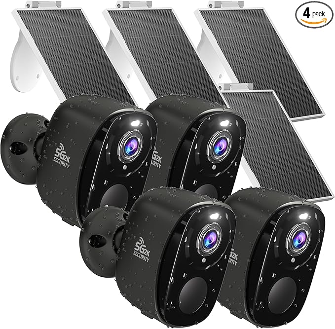 4pcs Wireless Security Cameras Outdoor,5G/2.4G Solar Cameras, 2K Battery Powered Surveillance Cameras for Outdoor Use, Color Night Vision, AI Detection, 2-Way Talk, IP65, SD/Cloud, Works Alexa