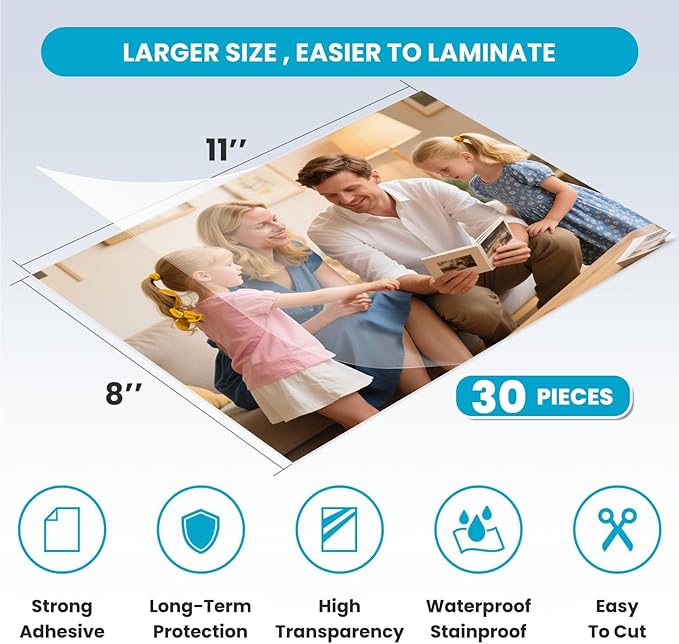 T&W SAME FILM 30 Pack Self Adhesive Laminating Sheets, 4mil, 8 x 11 Inch Laminator Sheets, Self Sealing Laminating Sheets for Laminator, Round Corner, No Heat, No Machine Needed