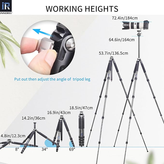 Carbon Fiber Travel Tripod-INNOREL GT255C 64.6in 5 Section Professional Compact Portable Camera Tripod Stand for Travel Outdoor Digital DSLR with Special-Shaped Center Column Max Load 33lb/15kg