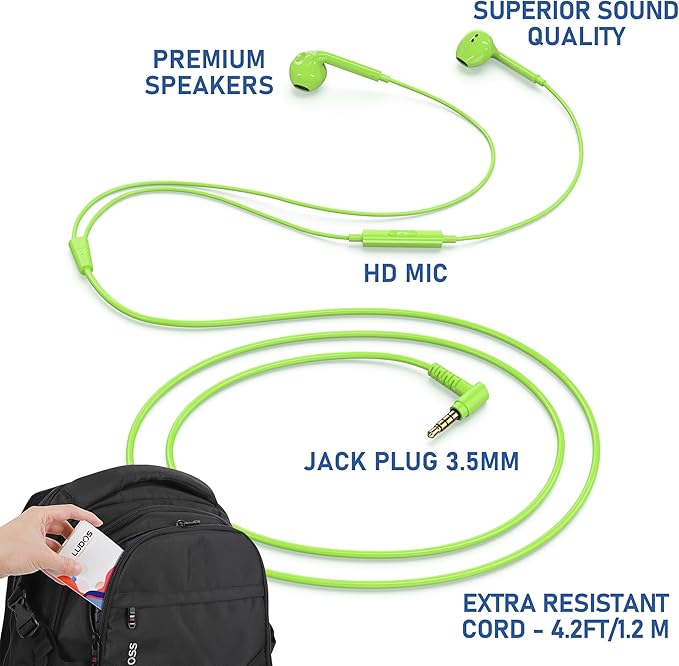 LUDOS Zenith Wired Earbuds in-Ear Headphones, 2 Years Warranty, Earphones with Microphone, Corded for 3.5mm Jack Ear Buds for iPhone, Samsung, Computer, Laptop, Kids, School Students, Woman - Green