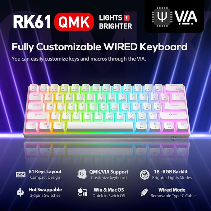 RK ROYAL KLUDGE RK61 Wired 60% Mechanical Gaming Keyboard Programmable QMK/VIA RGB Backlit 61 Keys Ultra-Compact Hot Swappable Brown Switch White