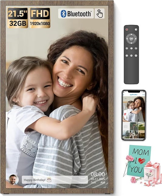 BSIMB Large Digital Picture Frame 21.5 Inch, Touchscreen 1920x1080 FHD WiFi Digital Photo Frame Electronic 32GB Remote Control, Share Pictures/Videos via App/USB/SD Easy Setup Gifts for Mom, Dark Wood