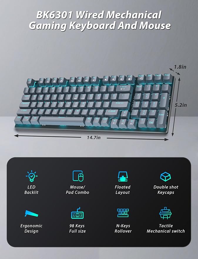 Mechanical Gaming Keyboard and Mouse, LED Backlit 98-Key Floating Keycap & 4 DPI RGB Gaming Mouse with Mouse Pad, Full Anti-Ghost Light Up Wired Computer Keyboards for MAC PC Gamer Accessories, Gray