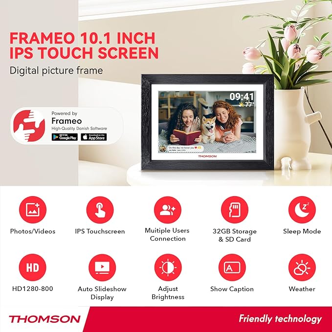 THOMSON Digital Picture Frame, Digital Photo Frame WiFi with 32 GB, HD IPS Touch Screen, Auto-Rotate, Slideshow, Share Photos/Videos from Phone by App (10.1Inch Wood)