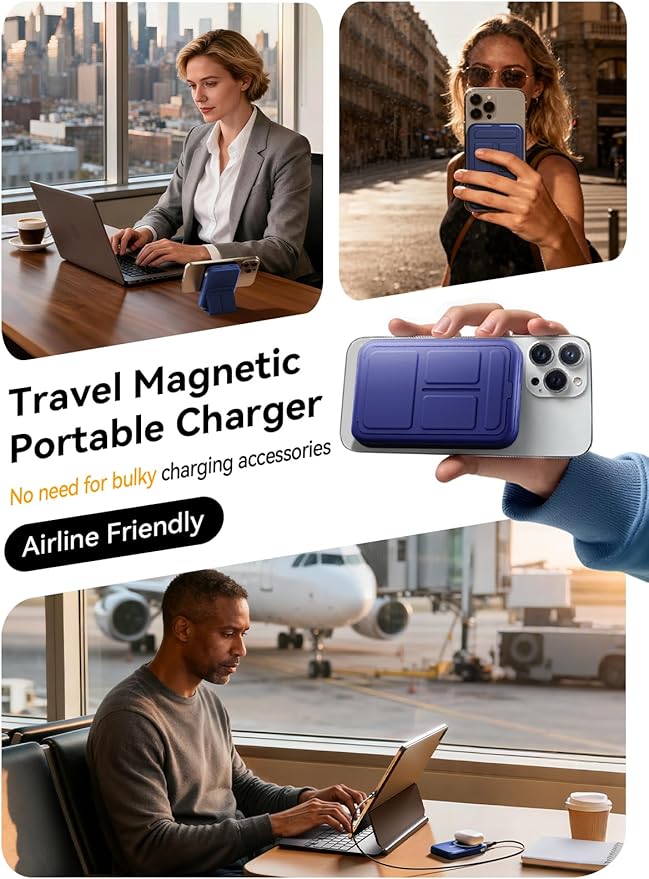 Magnetic Power Bank, 10000mAh Wireless Portable Charger with 20W USB-C Fast Charging, Foldable Stand & LED Display Battery Pack, Compatible with iPhone 16/15/14/13/12, Blue