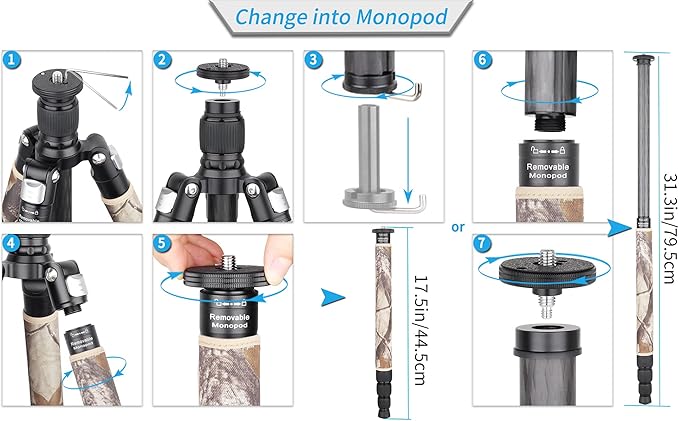 Carbon Fiber Tripod-RT75CM Super Professional Tripod Monopod Heavy Duty Compact Stand Support with 44mm/1.73in Low Gravity Center 360°Panoramic ballhead for Digital DSLR Camera, max Load 20kg/44lb