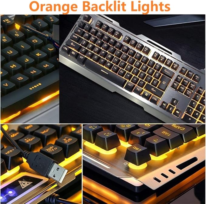 Wired Gaming Keyboard and Mouse Combo,Orange Yellow Lighted LED Backlit & Metallic Frame,Adjustable Brightness,Breathing Backlight,Full Size 104 Keys,for Xbox PS4 Xbox One Desktop Gamer