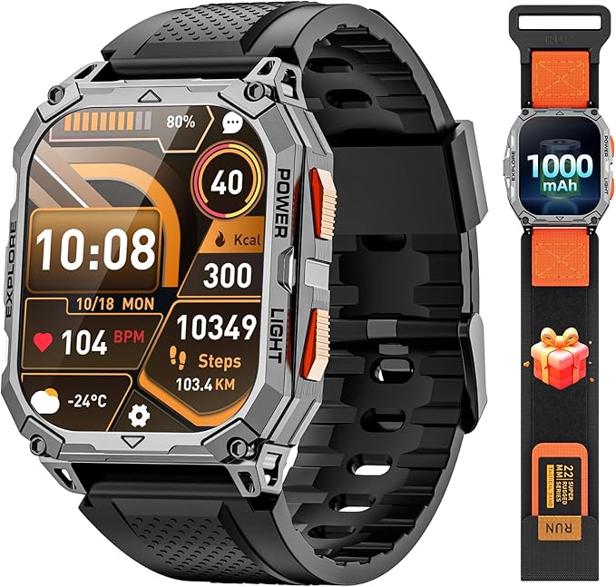 Military Smart Watches for Men (2 Straps), 2.01" HD Smartwatch with 1000 mAh Battery, Answer/Make Call, Led Flashlight, Heart Rate/Sleep Monitor, 100+ Sport Modes Fitness Tracker for Android/iPhone