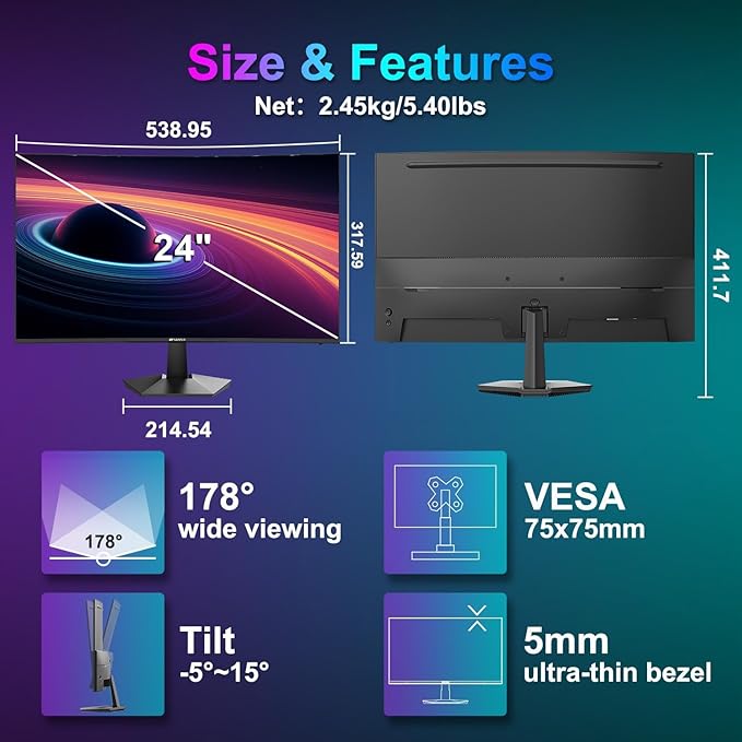 SANSUI Curved Monitor 24 inch 100Hz USB Type-C Computer Monitor with Built-in Speakers- MPRT 1ms,Adaptive Sync,HDR,1500R,VESA 75x75mm Compatible, for Home and Office(ES-24C1)
