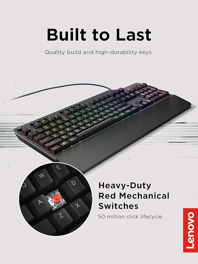 Lenovo GY40T26478 Legion K500 RGB Mechanical Gaming Keyboard, 3 ZONE Full-size Keyboard, 7 user Programmable Hot Keys; 16.8 Million Colors, 50 Million-Click Red Mechanical Keys, Detachable Palm Rest