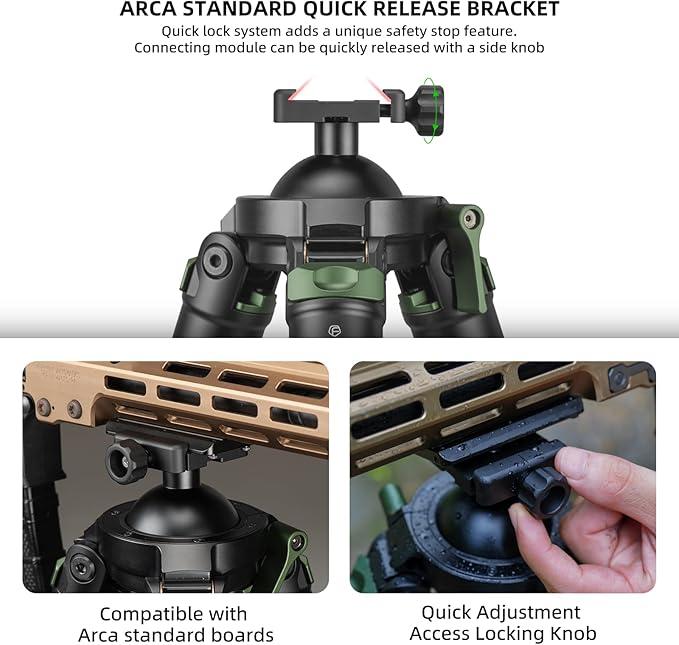 FANAUE Carbon Fiber Tripod 360 Degree Ball Head, Quick-Release Arca-Swiss Mount System, Adjustable Legs, Shooting Rest, and Hands-Free Operation for Hunting, Shooting, and Outdoors