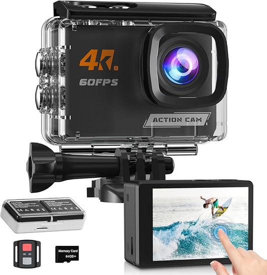 4K60FPS Action Camera Touchscreen, 40M Waterproof Underwater Camera with 64G SD Card, 6-Axis Stabilization Motorcycle Camera 8X Zoom with 2.4G Remote Control 2 * 1350 mAh Batteries