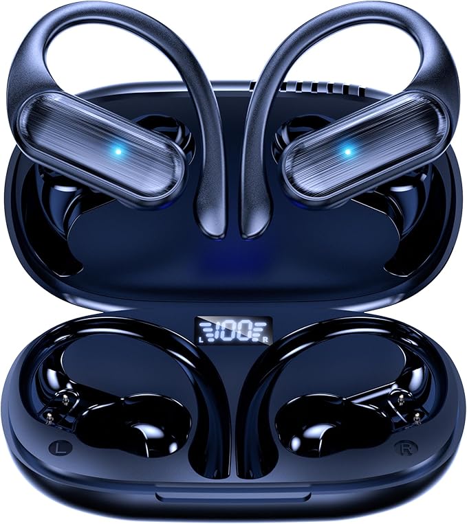 Wireless Earbuds, Bluetooth Headphones 80hrs Play Back Sport Earphones with LED Display Over-Ear Buds with Earhooks Built-in Mic IPX7 Waterproof Headset for Workout Grey-Dark Blue