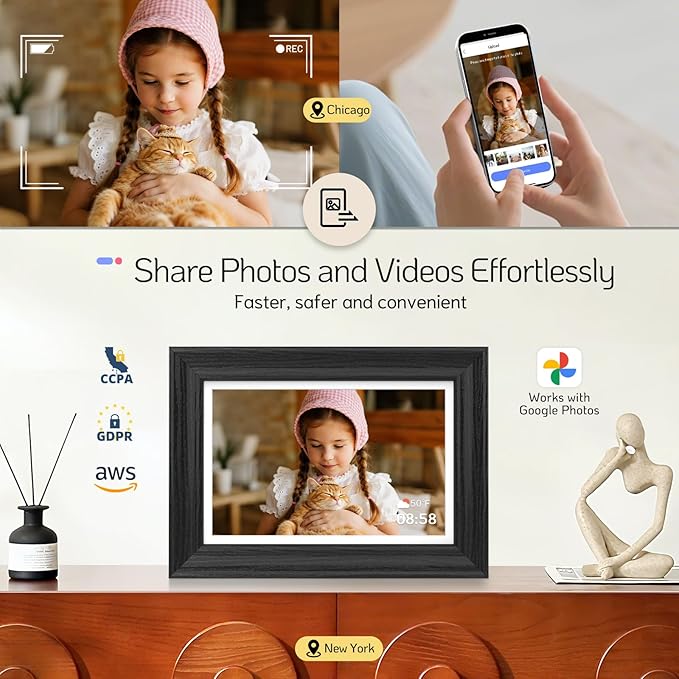 NexFoto Touchscreen Digital Picture Frame 10.1 Inch, WiFi Photo Frame Electronic 64GB, Add Photos from Google Photos, Easy to Share Videos via App/USB/Micro SD, for Mom/Birthday, Black Wood