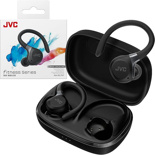 JVC Fitness Series True Wireless Sport Earbuds with Adjustable Hooks, Active Noise Cancelling, Ambient Sound Mode, IP57 Waterproof, 40hr Long Battery Life, App EQ, Low Latency, Mic HAEC75TB Black
