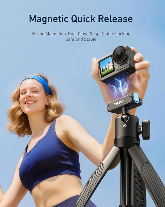 TELESIN 40cm/15.7'' Mini Selfie Stick Tripod, Magnetic Quick Release Selfie Sticks Handle Grip, Portable Vlog Monopod, 360° Adjustable Extended Pole for DJI Osmo Action 5 Pro/4/3 Camera Accessories