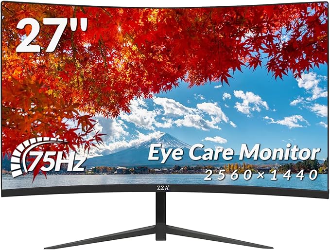 ZZA 27 inch Curved Monitor with 2K 2560 x 1440|75hz Computer Monitor 27 inch QHD with HDMI,DP and Wall Mountable| 1440P Eye Care PC Office Monitor for Working and Gaming