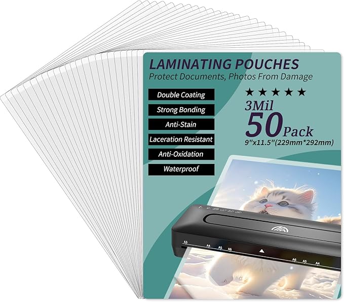 Laminating Sheets - 3Mil 50 Pack Thermal Laminating Pouches, 9"x11.5" Clear Laminate Sheets for Schedules, Menus, Certificates, Art Drawings, Round Corner