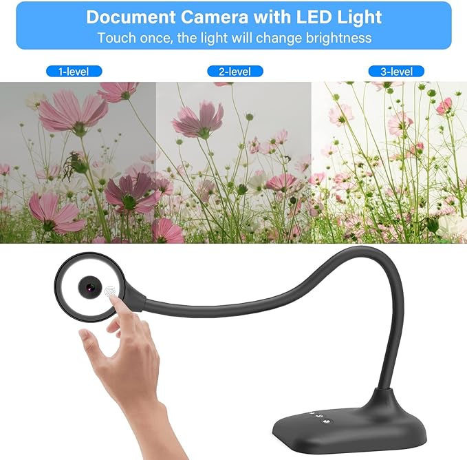 Document Camera for Teachers, Webcam and Overhead Camera for Classroom with Mic, LED Lights, Image Invert, Fold for Mac OS, Windows, Zoom, OBS Work with Distance Learning/Teaching, Live Demo