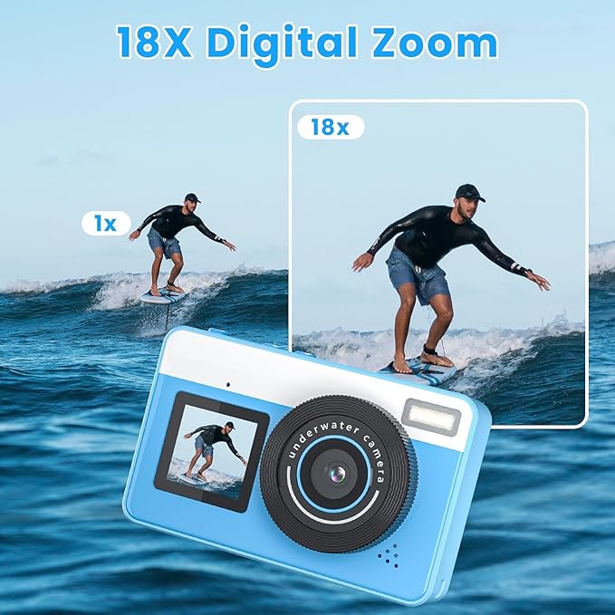 4K Digital Camera Waterproof, Point and Shoot Cameras for Photography, 10FT Underwater Camera with Dual Screens,18X Digital Zoom, 32GB TF Card, Selfie Cameras for Teens Beginners Girls Boys Kids(Blue)
