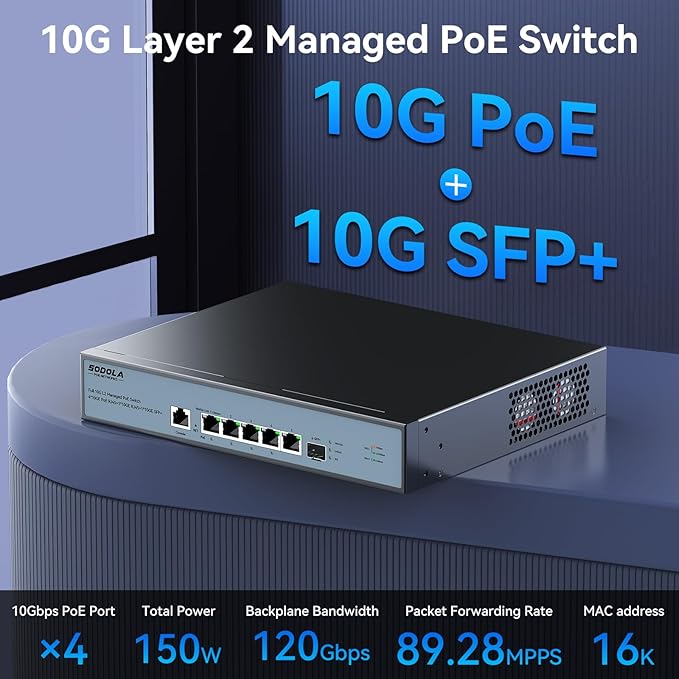 10Gb L2 Managed Switch, 5 x 10G RJ-45 Ports,1 x 10G SFP+ Port,Support LACP, VLAN, QoS, 10G/5G/2.5G/1000M/100M Auto-Negotiation, Multi-Gigabit Managed Ethernet Switch