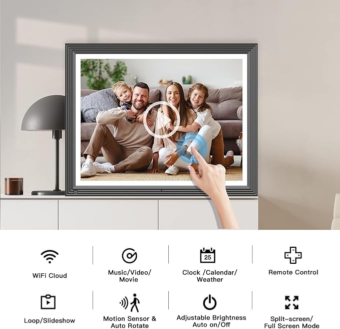15-inch WiFi Digital Picture Frame - 32GB 170°Wide Angle Touch Screen Frame, Motion Sensor, Auto Rotate, Full Function, Sharing Photos&Videos via App or Email, Unlimited Cloud Storage, Wall-Mounted