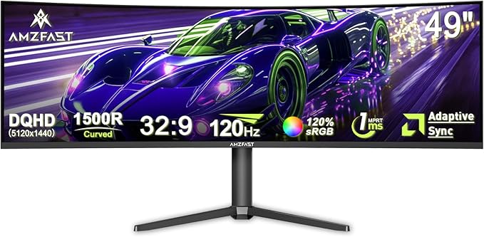 Amzfast 49 Inch Curved Monitor 120Hz DQHD 5120x1440p Ultrawide Gaming Monitor, 120% sRGB, 3000:1, 1ms, HDR, Adaptive Sync, PIP/PBP, Low Blue Light, HDMI 2.0/DP 1.4, VESA 75x75, AMZG49C7U
