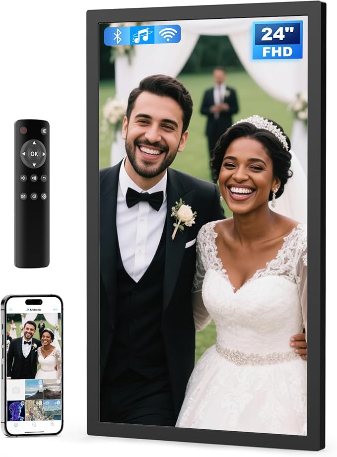 Large Digital Picture Frame 24 inch, 1920x1080 FHD IPS WiFi Digital Photo Frame with Remote, 32GB Storage, Auto-Rotate, Instantly Share Photo/Video via Apps/Email, USB/Mirco SD, Black