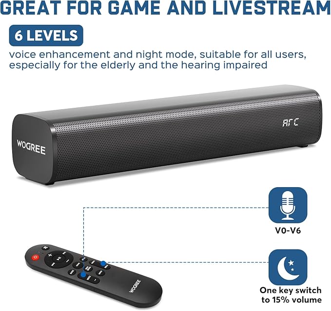 2.1ch Sound Bar for Smart TV with 6 Levels Voice Enhancement, Built-in Subwoofer, 16 Inches Bluetooth 5.3 TV Soundbar Speakers with ARC/Optical/AUX/USB Connection