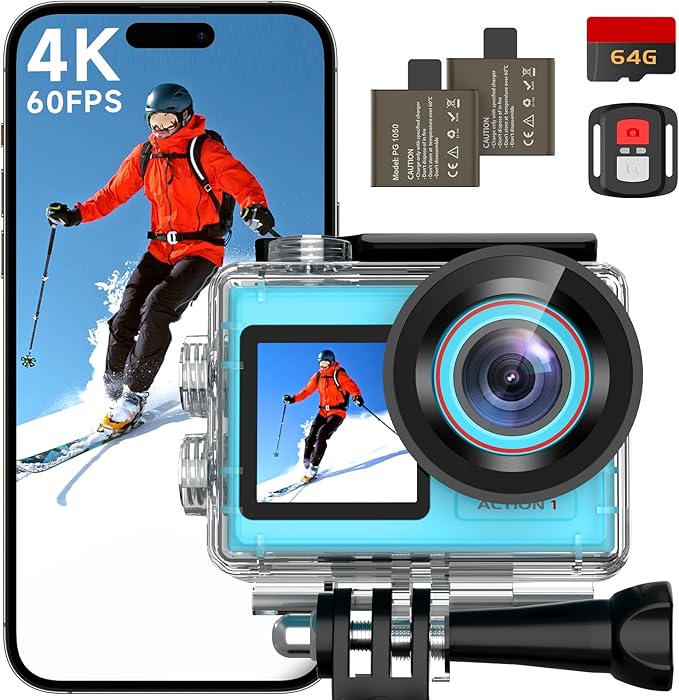4K60FPS 30MP Action Camera with Front LCD and Touch Rear Screens, Underwater Camera with 64GB Memory Card, 132FT Waterproof Camera, EIS, 5X Zoom, WiFi Remote Control（Blue）