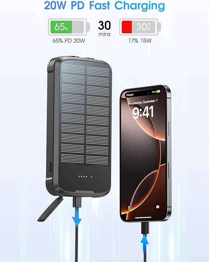 Solar Charger Power Bank, PD 20W Fast Charging External Batter, 40000mAh Portable Phone Charger Built in 4 Cables with Dual Bright Flashlights for Camping, Hiking, and Outdoor Use (Black)