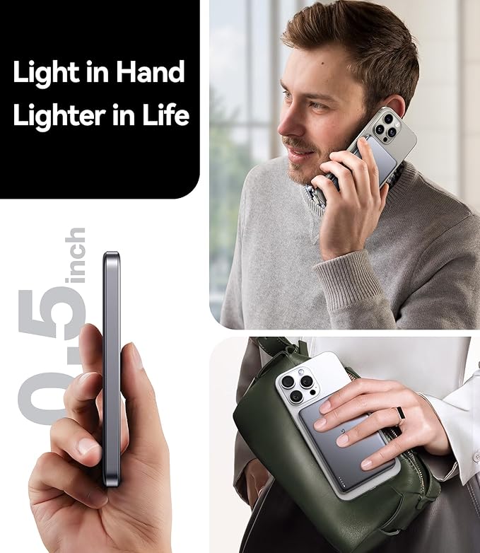 TORRAS MiniMag Power Bank,Ultra-Slim 10,000mAh Magnetic Wireless Portable Charger, 22.5W Fast Charging iPhone Air Magnetic Battery Pack Designed for iPhone 17 Pro Max/17 Pro/Air/16/15/14/13/12, Gray