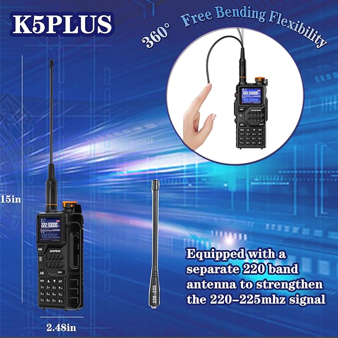 BAOFENG K5PLUS Tri Band Ham Radio Handheld,Walkie Talkies Long Range NOAA Weather Receiver High Power Two Way Radios with One Key Frequency Match,USB C Charger,999CH with Extra 2500mAh Battery 2 Pack