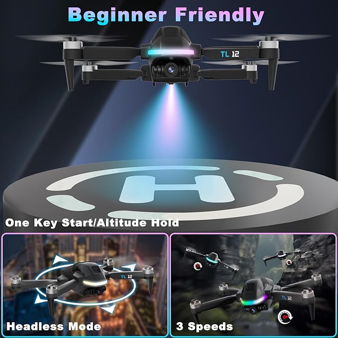 TL12 RGB Lighting Drone Brushless Motors Drones with Camera 1080P HD 3D Flips FPV Transmission Optical Flow Altitude Hold Headless Mode One Key Start RC Quadcopters for Beginners Multiple Lights