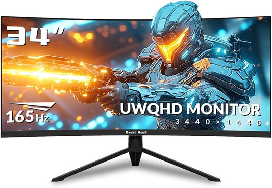 34 Inch Curved Gaming Monitor, UWQHD 3440x1440, 165Hz 1ms, Ultrawide 1500R, FreeSync, HDR, 99% sRGB, HDMI 2.0/DP 1.4, Eye Care, VESA Mountable, Tilt Adjustable