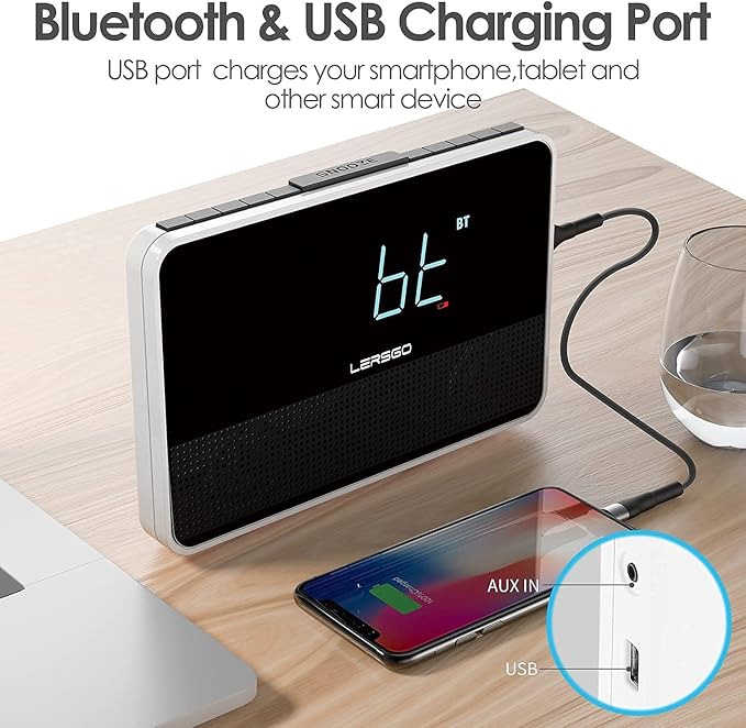 Alarm Clock Radio Bluetooth V5.2 Speaker with HD Sound and Bass,Blue Display with auto Dimmer,Snooze,Sleep Timer,Adjustable Volume,5V1A USB Charging Port