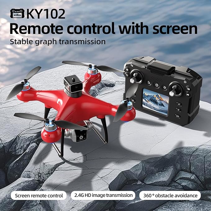 KY102 Drone with Screen Controller with SD card, Brushless Motor, Optical Flow Localization, Active Obstacle Avoidance, 2 batteries, One Key Take Off/Landing. (2 batteries - Red)