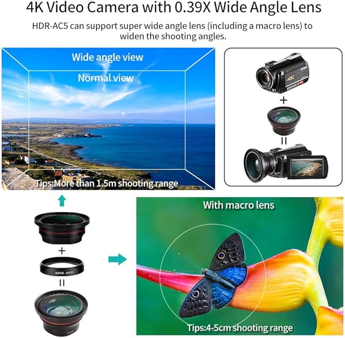 ORDRO AC5 Plus 4K Video Camera Camcorder, UHD Professional Camcorder 4K with 12x Optical Zoom, YouTube Video Camera for Filming with Mic, Video Light, Wide Angle Lens 64G Card and 2 Batteries