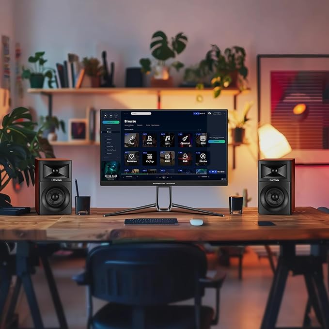 Sanyun SW203 4.0 Computer Speakers - 60W 4-Way DSP Control 3D Immersive Sound - 3" Carbon Fiber Woofer & 20mm Silk Dome Tweeter - 24bit DAC USB/Bluetooth 5.4/AUX - Studio-Grade Audio (Pair, Red)