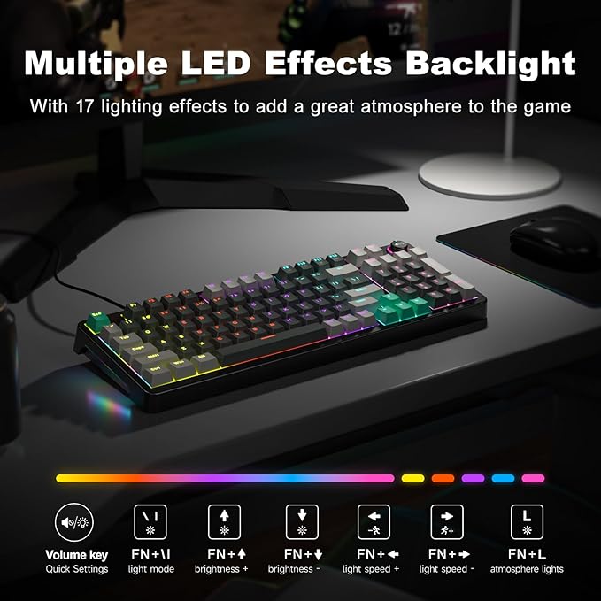 GEEZER Mechanical Gaming Keyboard with LED Backlit, Blue Switch, Volume Knob, 96 Keys Full Size Compact USB Wired Computer Keyboards for Office Windows Laptop PC & Mac Gamer - Grey & Black