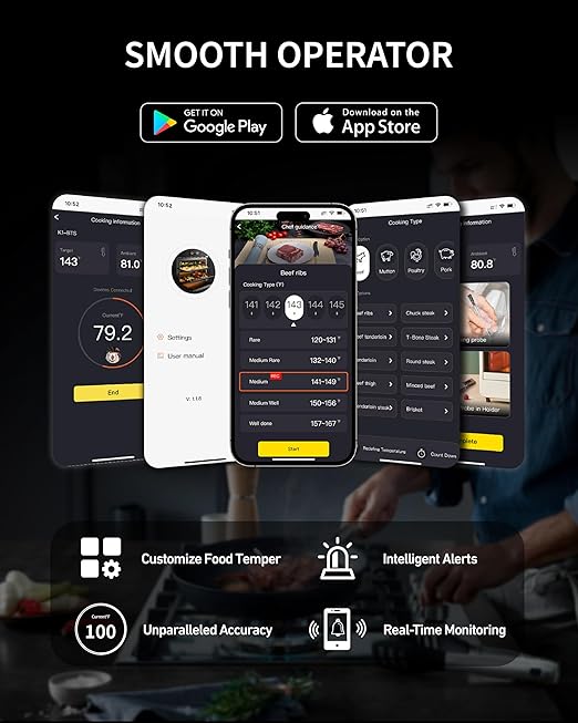 Wireless Smart Meat Thermometer - Digital Food Meat Thermometer up to 500Ft Remote Range with Bluetooth 5.2 .Thin Probe, for Grill Oven BBQ Smoker Rotisserie, iOS & Android APP