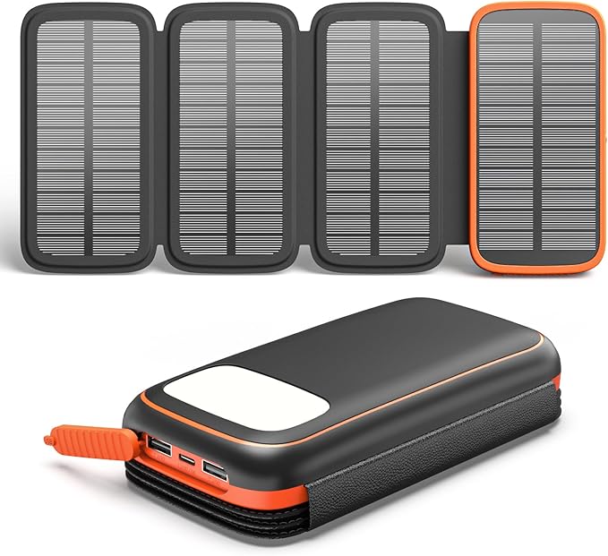 CONXWAN Solar Charger Power Bank – 27000mAh USB C Solar Phone Charger with 3 USB Outputs with 4 Foldable Solar Panels Battery Pack Charger Compatible with Most Smart Phone