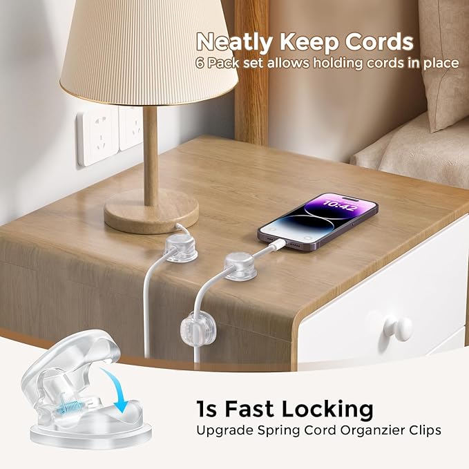AhaStyle Spring Cable Organizer [1s Lock] 6 Pack Cord Cable Holders Clips Strong Adhesive Cable Cord Keeper [Smooth Adjustable] Hide Wire Cord Organizer for Nightstand Kitchen Car Office (Transparent)